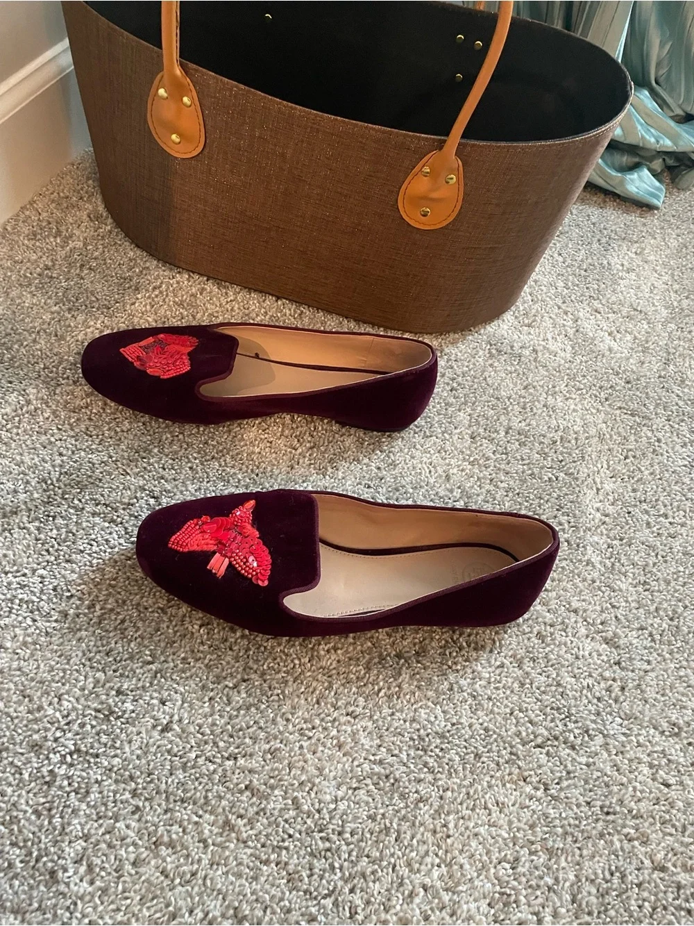 Tory Burch Velvet Embroidered Loafers in Deep Burgundy with Red Motif